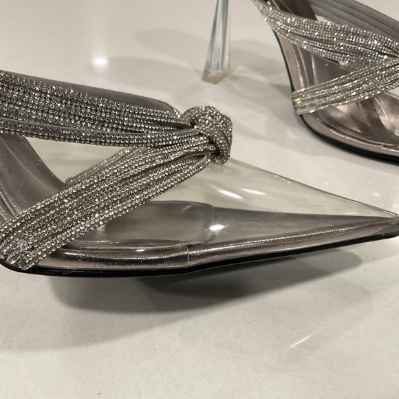 ZARA Heels Clear Sparkling Rhinestone Accent Straps Pointed Toe Size 9 - Picture 8 of 11